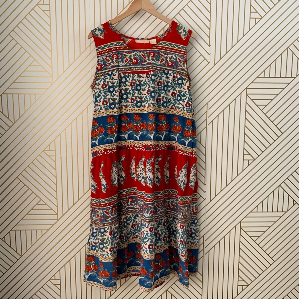 La Cera 100% Cotton floral sleeveless tiered layered scoop neck midi dress XL